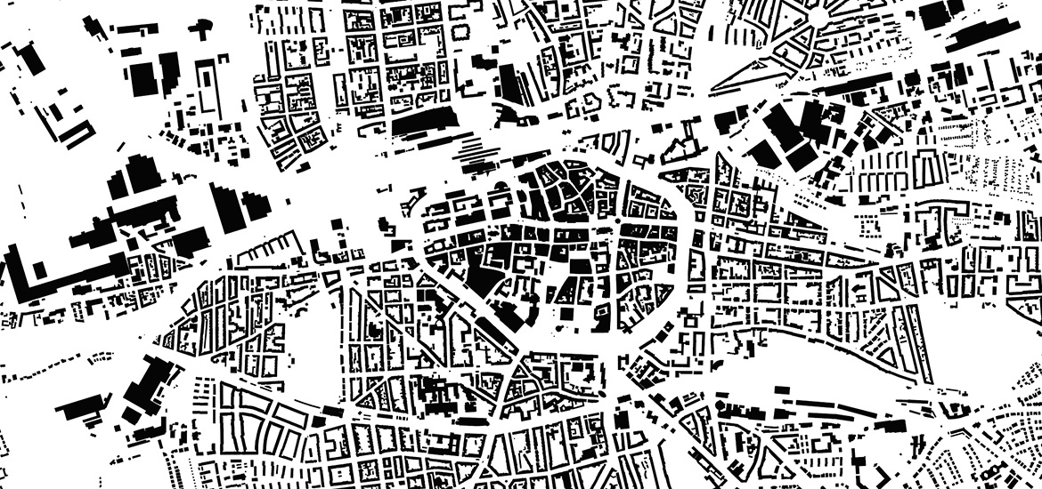 Ein Schwarzplan mit einer schwarz-weißen Karte einer Stadt.