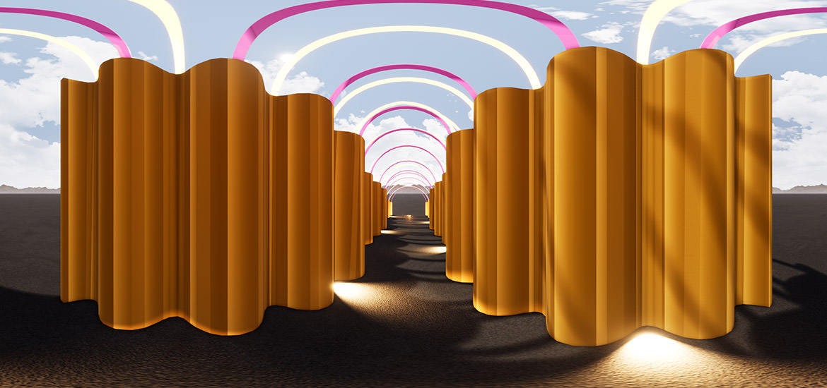 Ein 3D-Bild eines Flurs mit gelben und rosa Säulen, erstellt mit ARCHICAD.