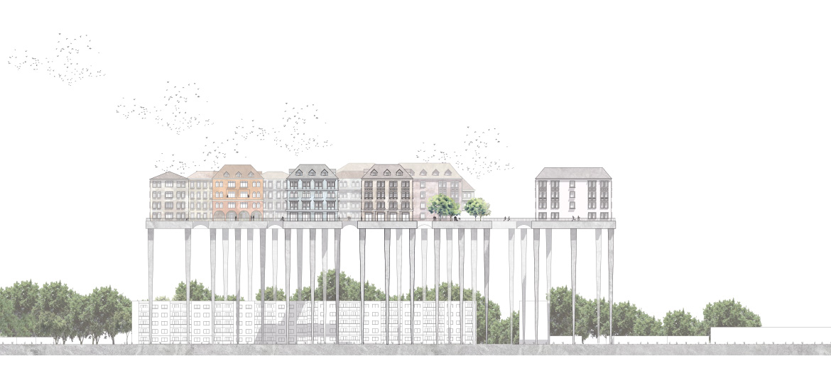 Eine Stadtzeichnung, die architektonische Gebäude zeigt, die mit ARCHICAD erstellt wurden.