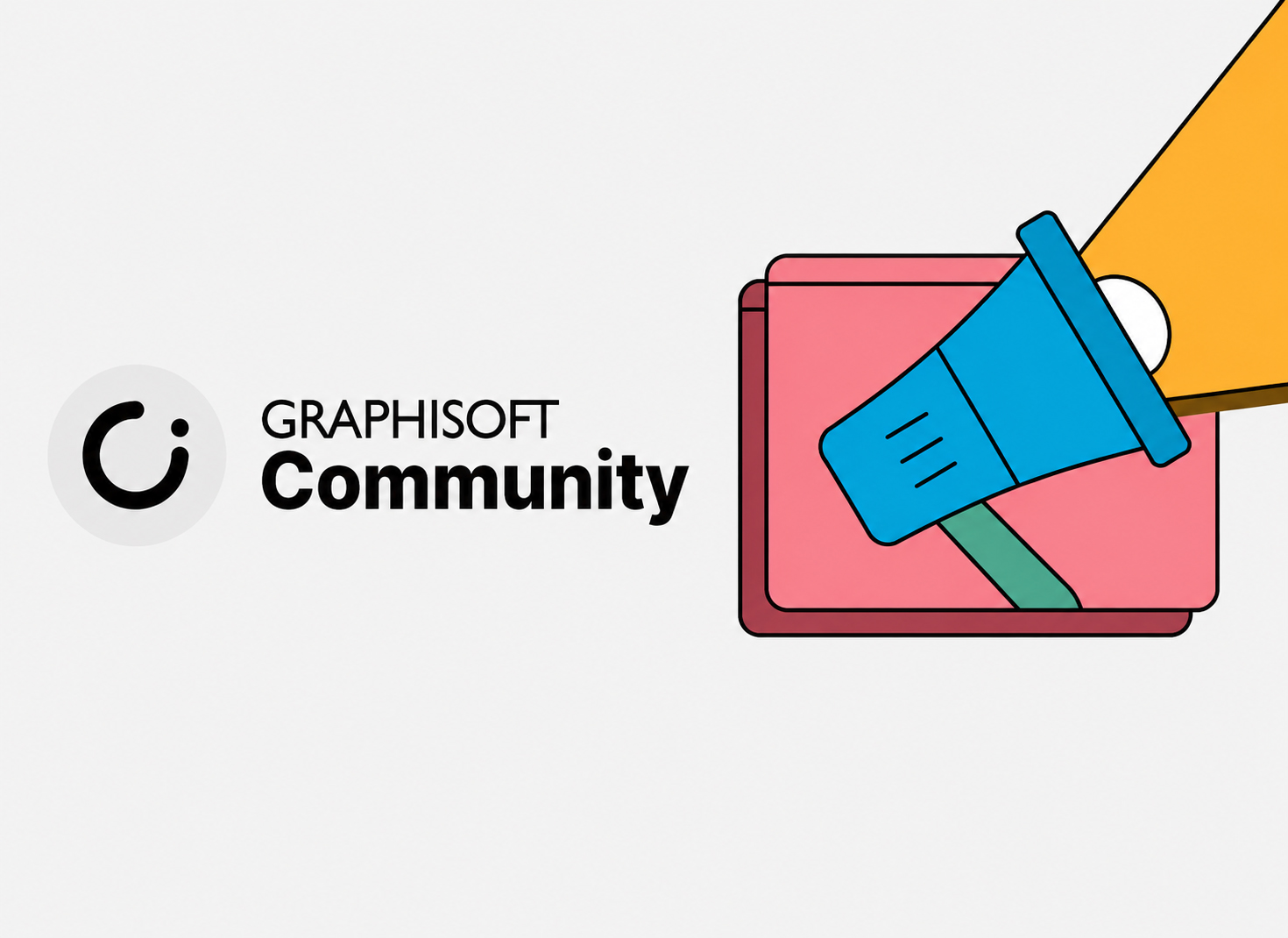 Das Graphisoft-Community-Logo neben einem blauen Megafon über einem rosa Rechteck auf weißem Hintergrund, das die BIMx-Integration und die Archicad-Kompatibilität hervorhebt.