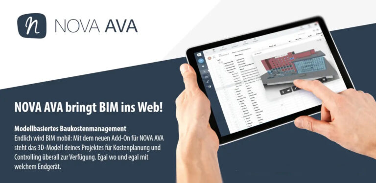 Eine Person interagiert mit einem 3D-Architekturmodell auf einem Tablet und zeigt Funktionen der BIM-Software Nova Ava Jour fixe an.