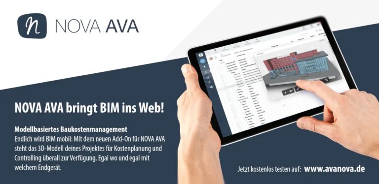 Eine Person, die ein Tablet verwendet, um mit einem 3D-Architekturmodell auf dem Bildschirm zu interagieren, mit Nova Ava-Branding und Werbetext auf Deutsch.