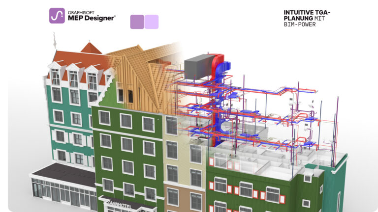 Ein teilweise aufgeschnittenes Gebäude mit detaillierten Sanitär-, Elektro- und HLK-Systemen mit farbcodierten Rohren und Kanälen, das die BIM-Planung in der Architektur veranschaulicht - ideal für jedes MEP-Designer- oder Modul 11-Schulungsprogramm.