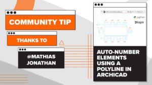 Eine Tipp-Grafik zeigt, wie das Polylinien-Werkzeug von Archicad zur automatischen Nummerierung von Elementen verwendet werden kann, mit Dank an Mathias Jonathan und die Logos von Python und Tapir.