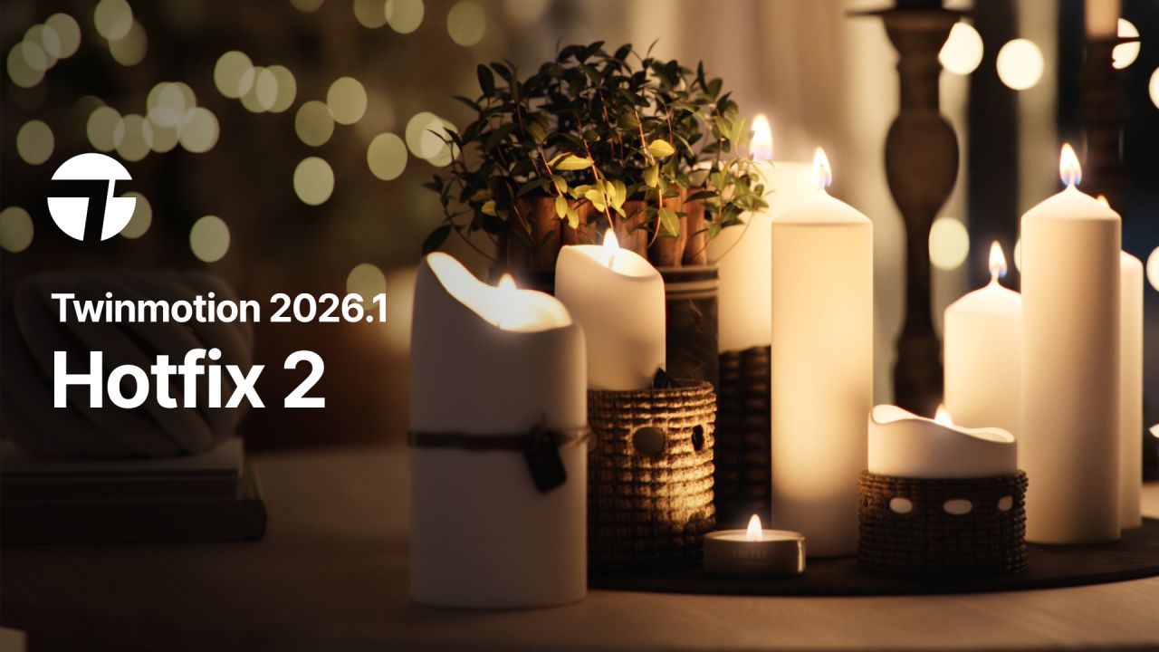 Eine Gruppe brennender Kerzen und eine Topfpflanze auf einem Tisch, im Hintergrund verschwommene Lichter. Der Text lautet „Twinmotion 2026.1 Hotfix 2“ und weist auf das neueste Update im Bereich der immersiven Visualisierung hin.