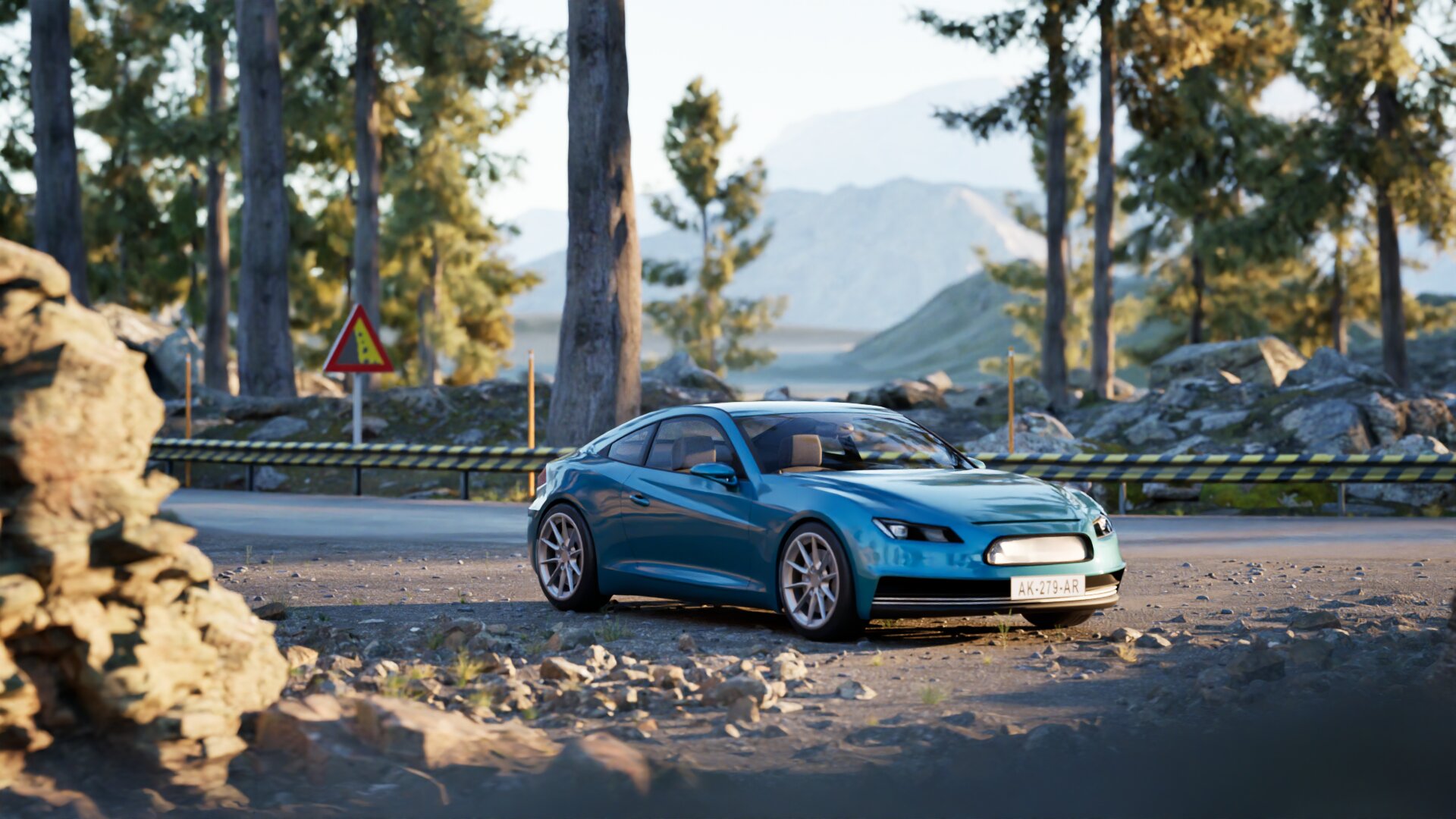 Ein blauer Sportwagen parkt auf einer staubigen Straße, umgeben von Bäumen, mit Bergen im Hintergrund und einem sichtbaren Straßenschild der „Neue TwinmotionChallenge“.