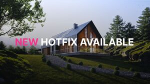 Modernes Haus aus Glas und Holz auf einem grasbewachsenen Hügel mit Bäumen; der überlagerte Text lautet „NEUER HOTFIX VERFÜGBAR“ und „automatisch gespeicherter Entwurf“.