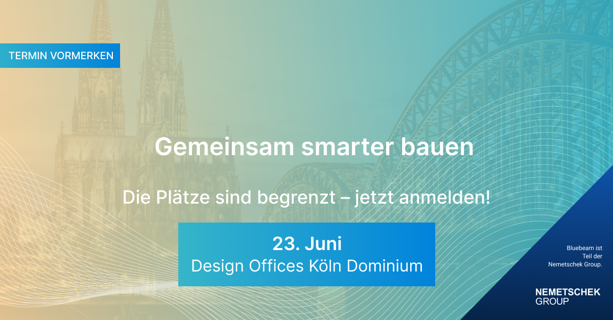 Kommen Sie am 23. Juni zu "Gemeinsam smarter bauen" in die Design Offices Köln Dominium. Entdecken Sie Trends und Technologien im Bauwesen, mit dem Kölner Dom im Hintergrund. Begrenzte Plätze - jetzt anmelden!.