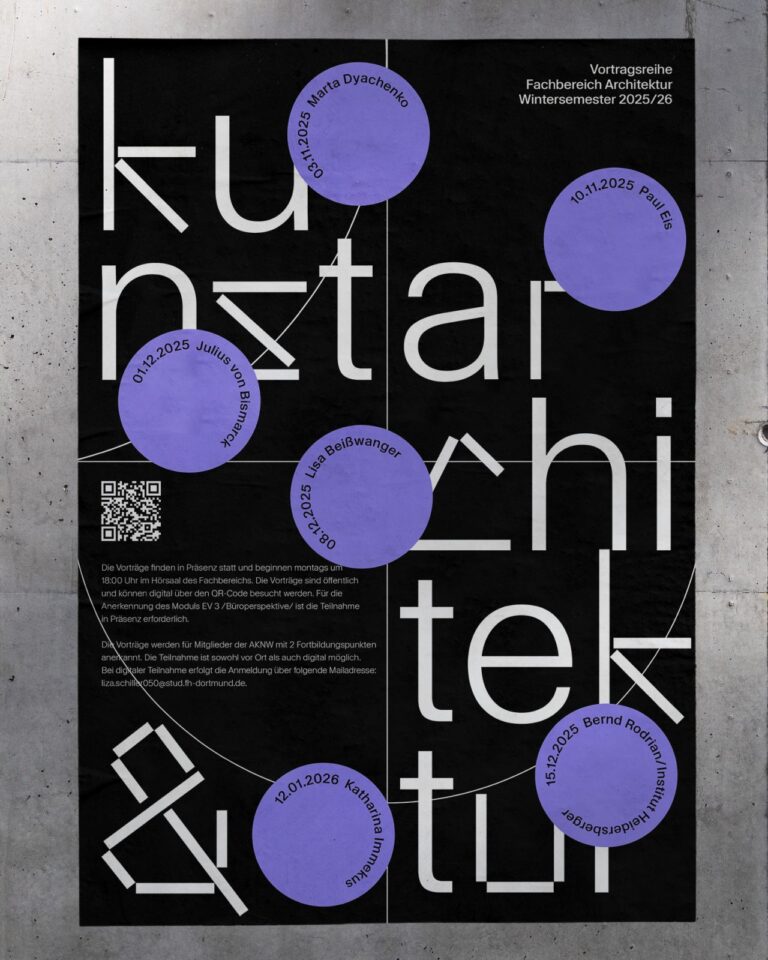 Plakat mit fettgedruckter weißer Schrift "Kunst Architektur" auf dunklem Hintergrund und lilafarbenen Kreisen, die Termine und Namen für die Architekturvorlesungen der FH Dortmund im Wintersemester 2025/26 aufführen.