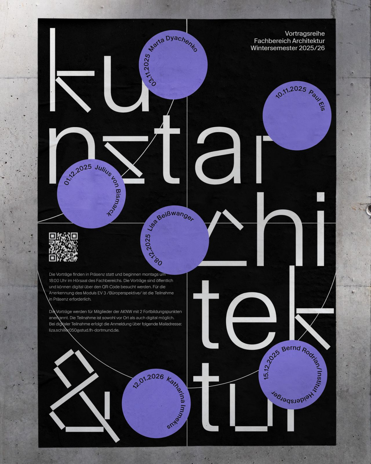 Plakat mit fettgedruckter weißer Schrift "Kunst Architektur" auf dunklem Hintergrund und lilafarbenen Kreisen, die Termine und Namen für die Architekturvorlesungen der FH Dortmund im Wintersemester 2025/26 aufführen.