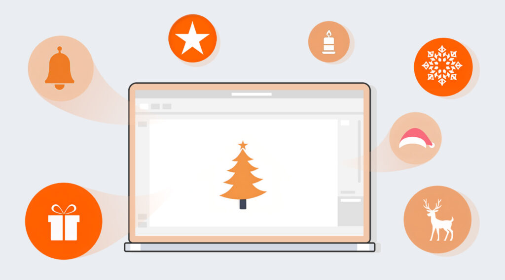 Ein Laptop zeigt die Zeichnung eines Weihnachtsbaums; um ihn herum sind Symbole einer Glocke, eines Sterns, einer Kerze, einer Schneeflocke, einer Mütze, eines Rentiers und einer Geschenkschachtel zu sehen, die frohe Weihnachtsstimmung von Graphisoft West in dieser festlichen Jahreszeit verbreiten.