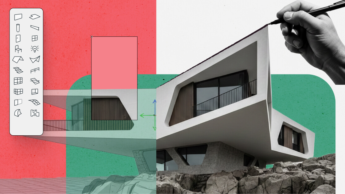 Ein modernes Haus auf Felsen wird mit digitalen Design-Tools und einer von Hand gezeichneten Linie überlagert, wodurch der architektonische Entwurfsprozess veranschaulicht wird – die perfekte Inspiration für alle, die an einem Programm für Berufseinsteiger teilnehmen oder sich über ein Berufseinsteigerprogramm in der Architektur informieren möchten.
